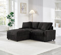 Modern black modular L-shaped sectional sofa in polyester fabric with plush cushions and a matching storage ottoman.