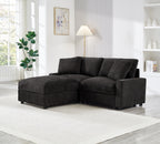 Modern black modular L-shaped sectional sofa in polyester fabric with plush cushions and a matching storage ottoman.