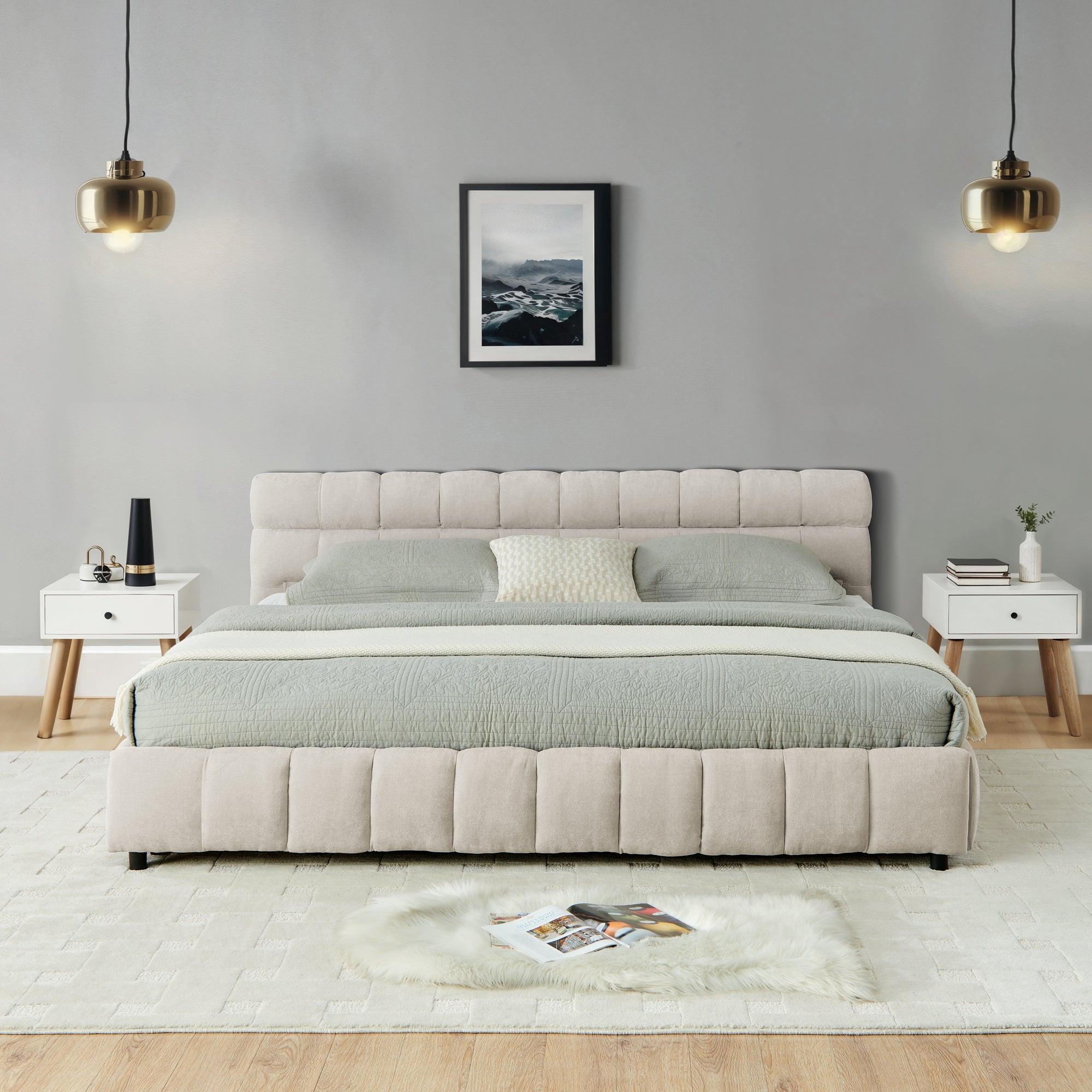 California King Upholstered Bed with Storage Drawer.