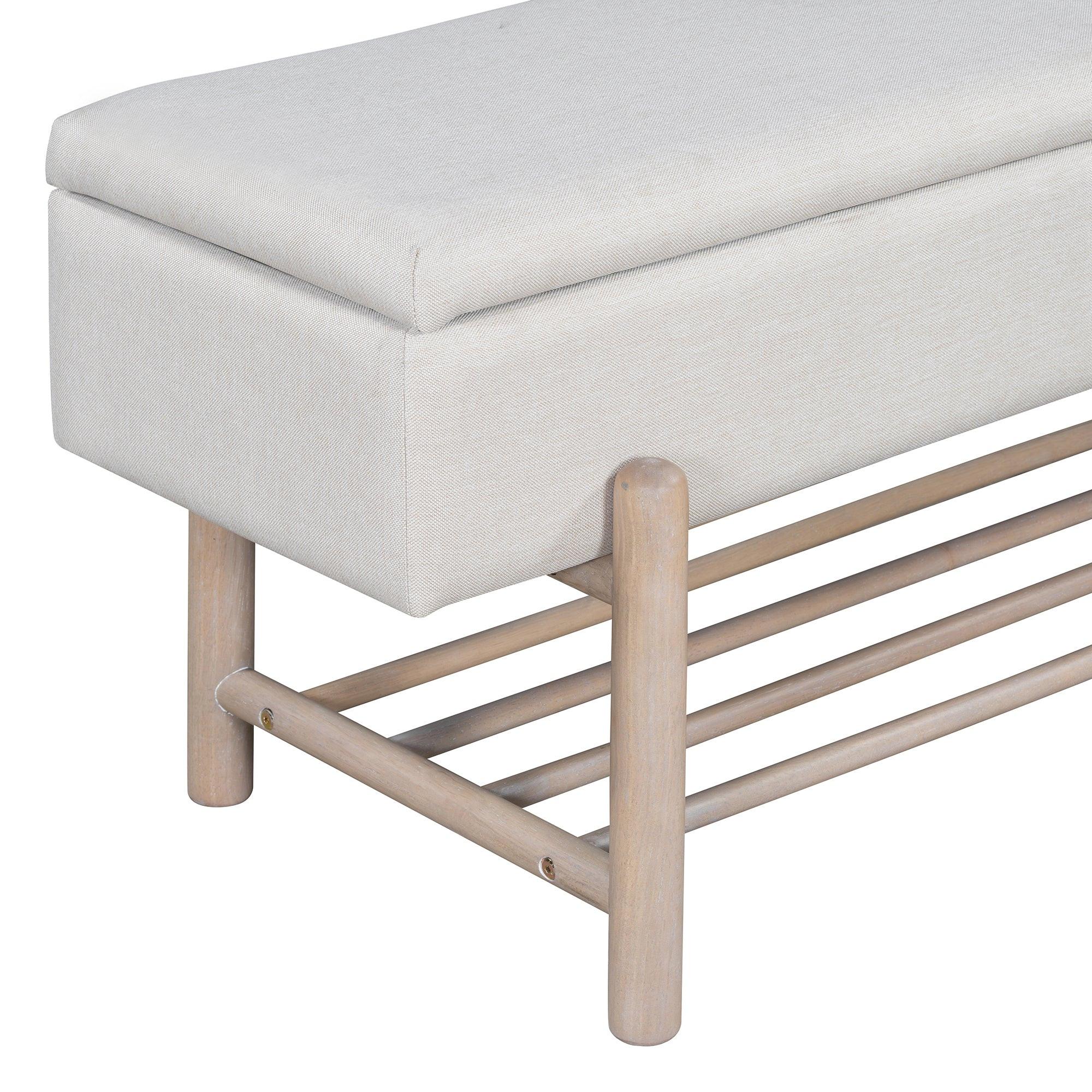 TREXM Farmhouse Upholstered Storage Bench with Hidden Compartment, Modern Entryway Bench for Living Room, Entryway, and Hallways (Natural).