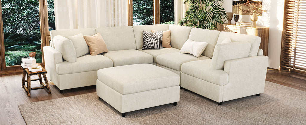 U-shaped sectional sofa with movable ottoman arranged in a square layout, ideal for social gatherings and relaxation.