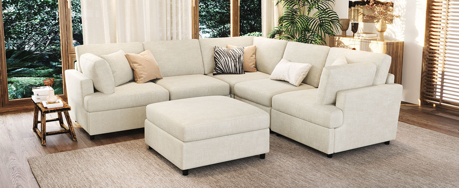 U-shaped sectional sofa with movable ottoman arranged in a square layout, ideal for social gatherings and relaxation.