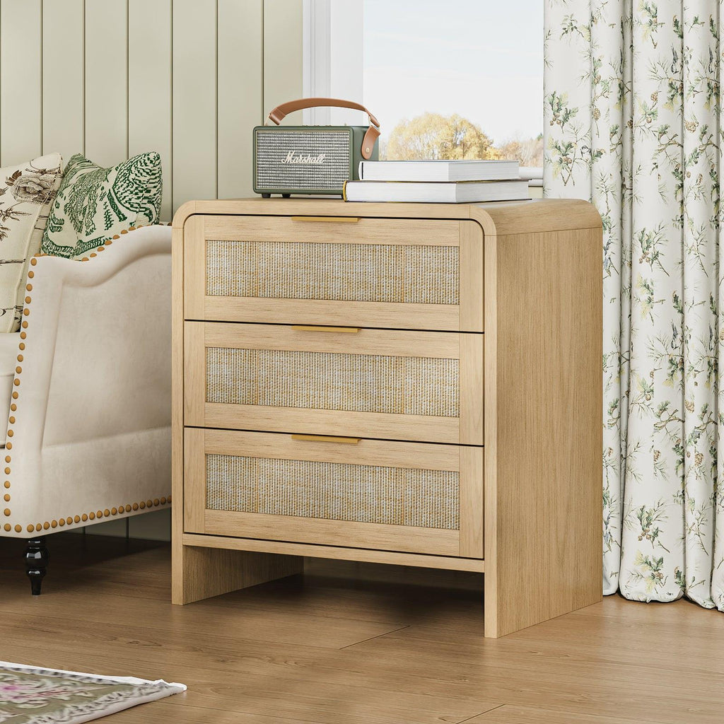 Rattan Nightstand with 3 Drawers for Modern Storage.
