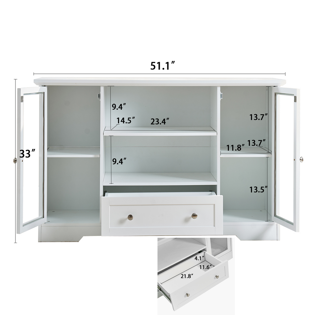 Sideboard Buffet Cabinet, 51' Large Kitchen Storage Cabinet with Drawers, Doors and Adjustable Shelves, Farmhouse Wooden Coffee Bar for Kitchen, White