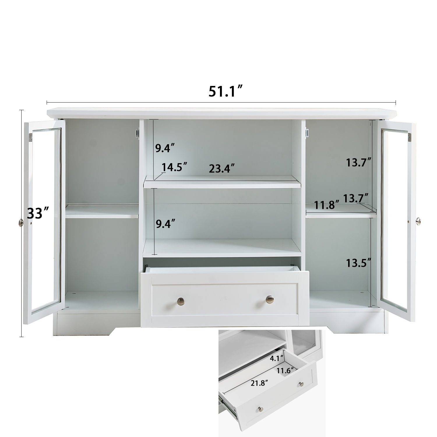 Sideboard Buffet Cabinet, 51' Large Kitchen Storage Cabinet with Drawers, Doors and Adjustable Shelves, Farmhouse Wooden Coffee Bar for Kitchen, White