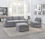 Plush, granite-colored modular sectional set with an ottoman, featuring textured fabric in a contemporary living room.