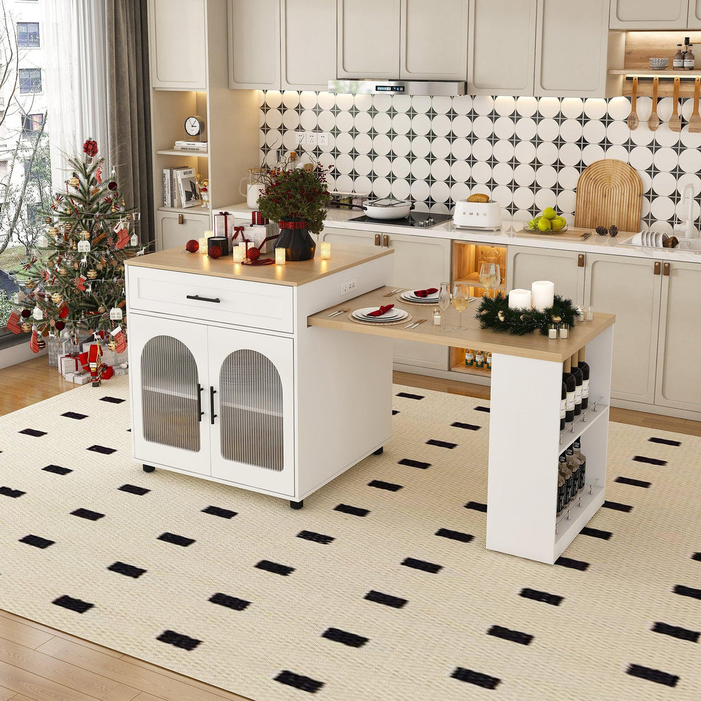 Expandable Kitchen Island with Dining Table & Power Outlet.