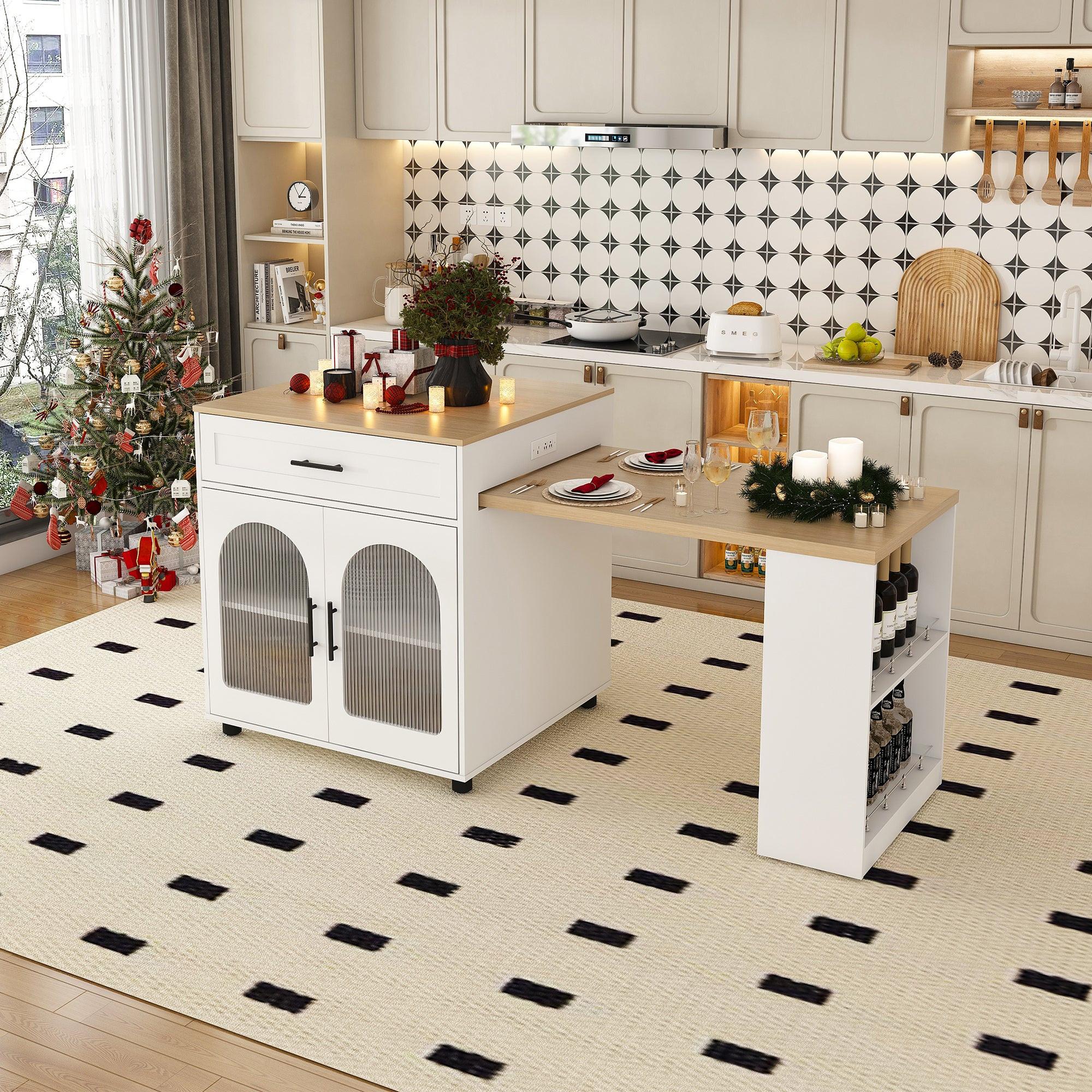 Expandable Kitchen Island with Dining Table & Power Outlet.