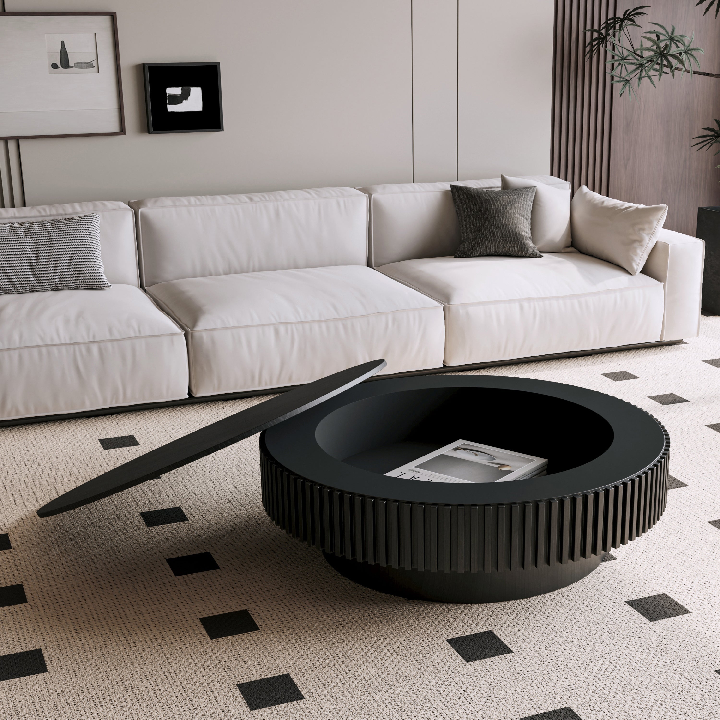 39.37'' Round Coffee Table with Storage Solid Wood Veneered Modern Coffee Table Accent Tea Table for Living Room, Bedroom, Apartment or Office, Black