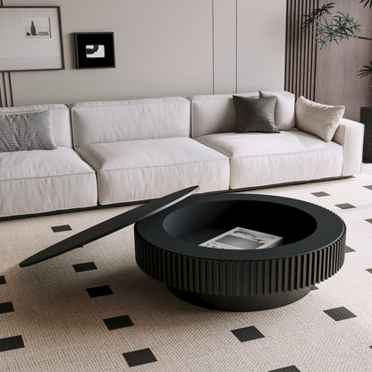 39.37'' Round Coffee Table with Storage Solid Wood Veneered Modern Coffee Table Accent Tea Table for Living Room, Bedroom, Apartment or Office, Black