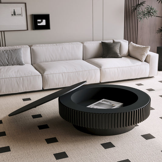 39.37'' Round Coffee Table with Storage Solid Wood Veneered Modern Coffee Table Accent Tea Table for Living Room, Bedroom, Apartment or Office, Black