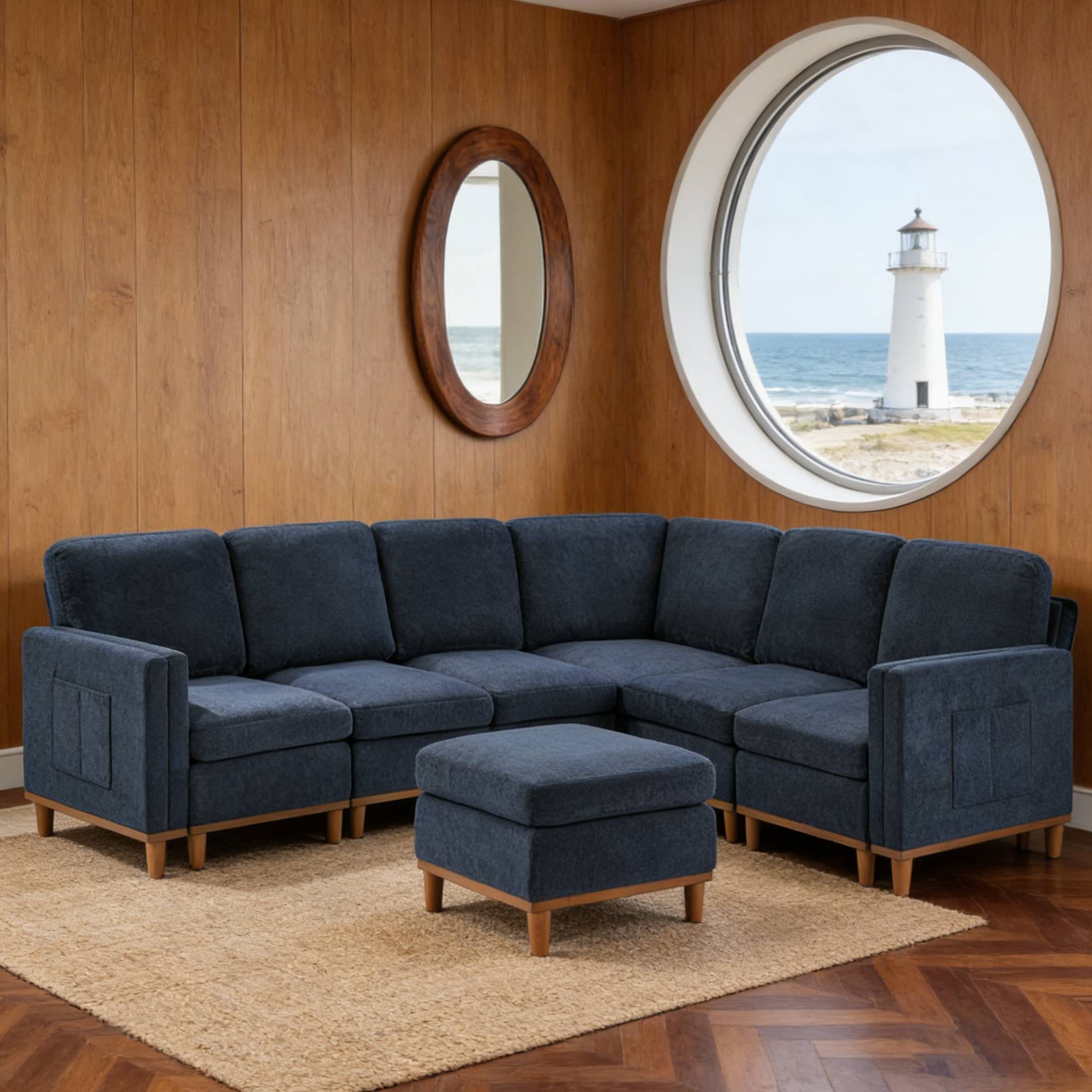 Modular sofa for modern living placed in a coastal-themed room with lighthouse view, emphasizing its multi-scene adaptability and style.