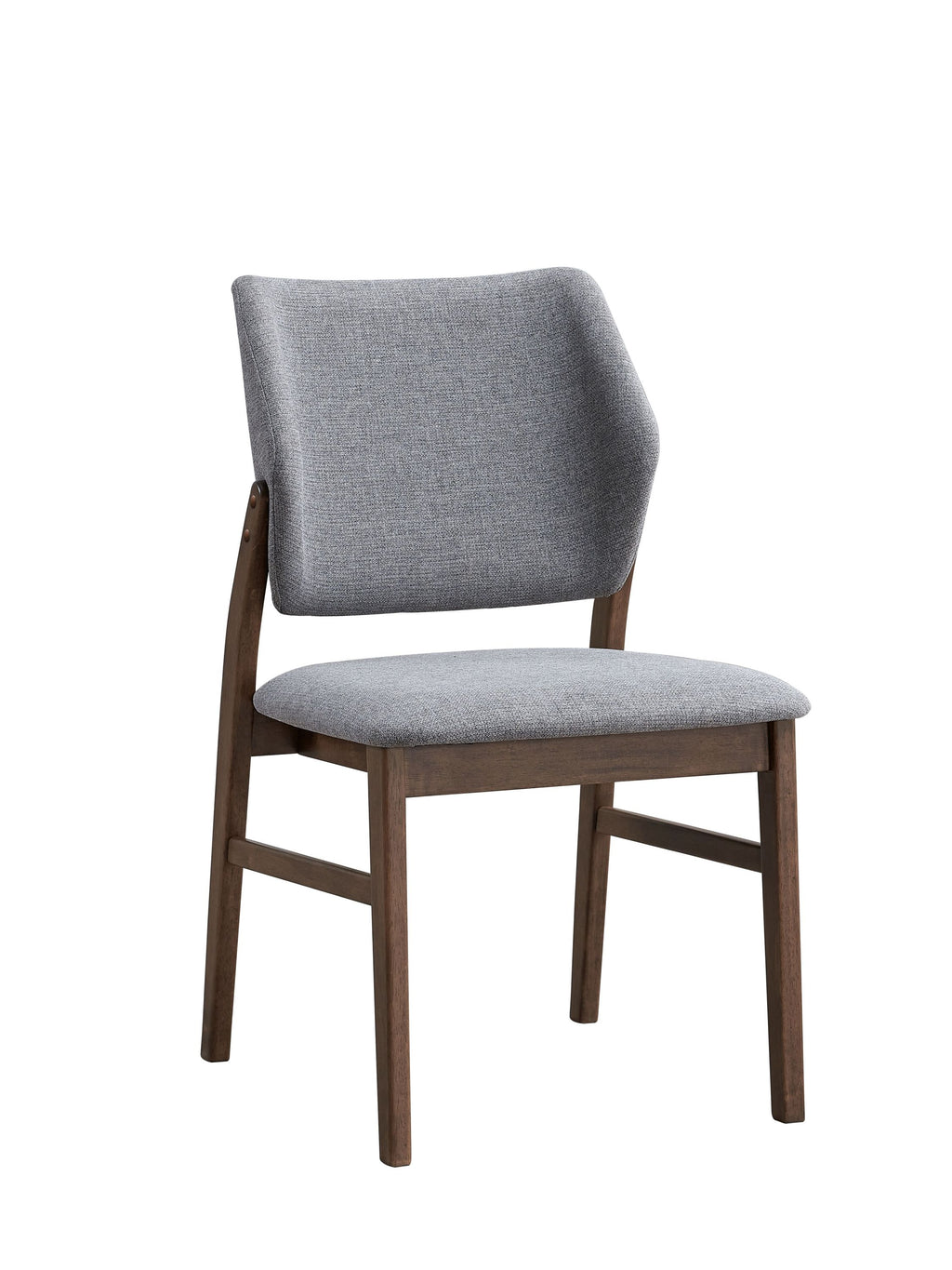 Sarha dining chair with gray cushioned seat and walnut wood frame. Ergonomic and stylish seating.