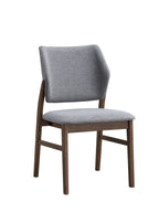Sarha dining chair with gray cushioned seat and walnut wood frame. Ergonomic and stylish seating.