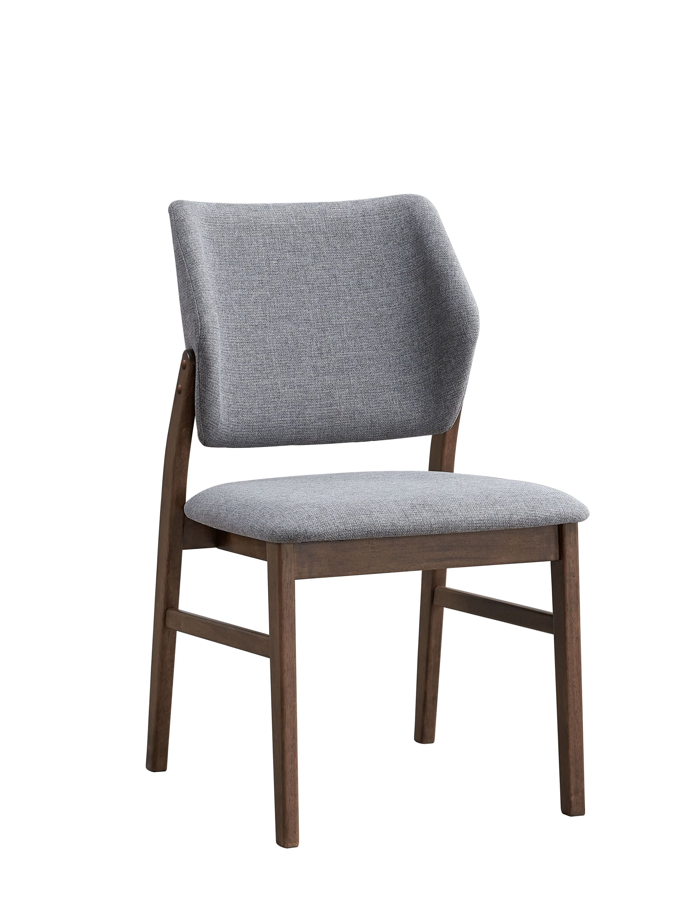 Sarha dining chair with gray cushioned seat and walnut wood frame. Ergonomic and stylish seating.