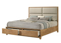 King Storage Platform Bed with Upholstered Headboard featuring two open footboard drawers and natural wood frame, ideal for modern bedrooms.