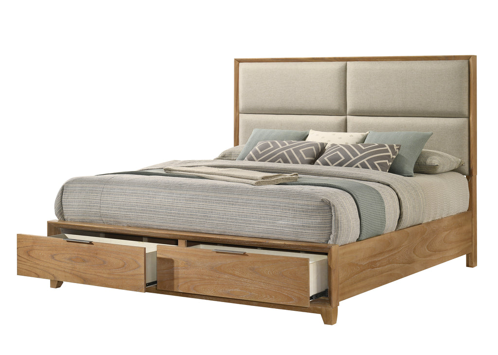 Queen Storage Platform Bed - Solid Wood, Plush - Modern design with two open footboard drawers and padded headboard, ideal for contemporary bedrooms.