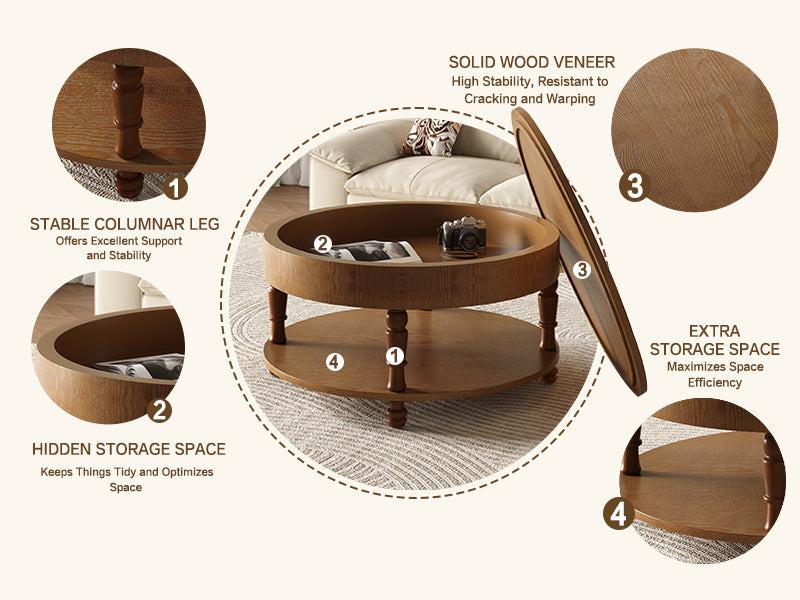 Coffee Table with Dual Storage for Living Room, 31.5' Modern Round Coffee Table with Storage and Hidden Compartment, Adjustable Leveling Feet, Easy Assembly (Walnut).