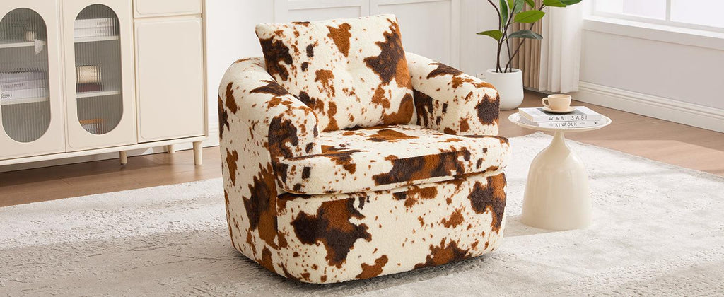 Modern 360° Swivel Accent Barrel Chair with Dual-Layer Cushion in Beige & Brown Faux Fur, 36.6' Round Seating for Living Room, Bedroom, Office, or Hotel.
