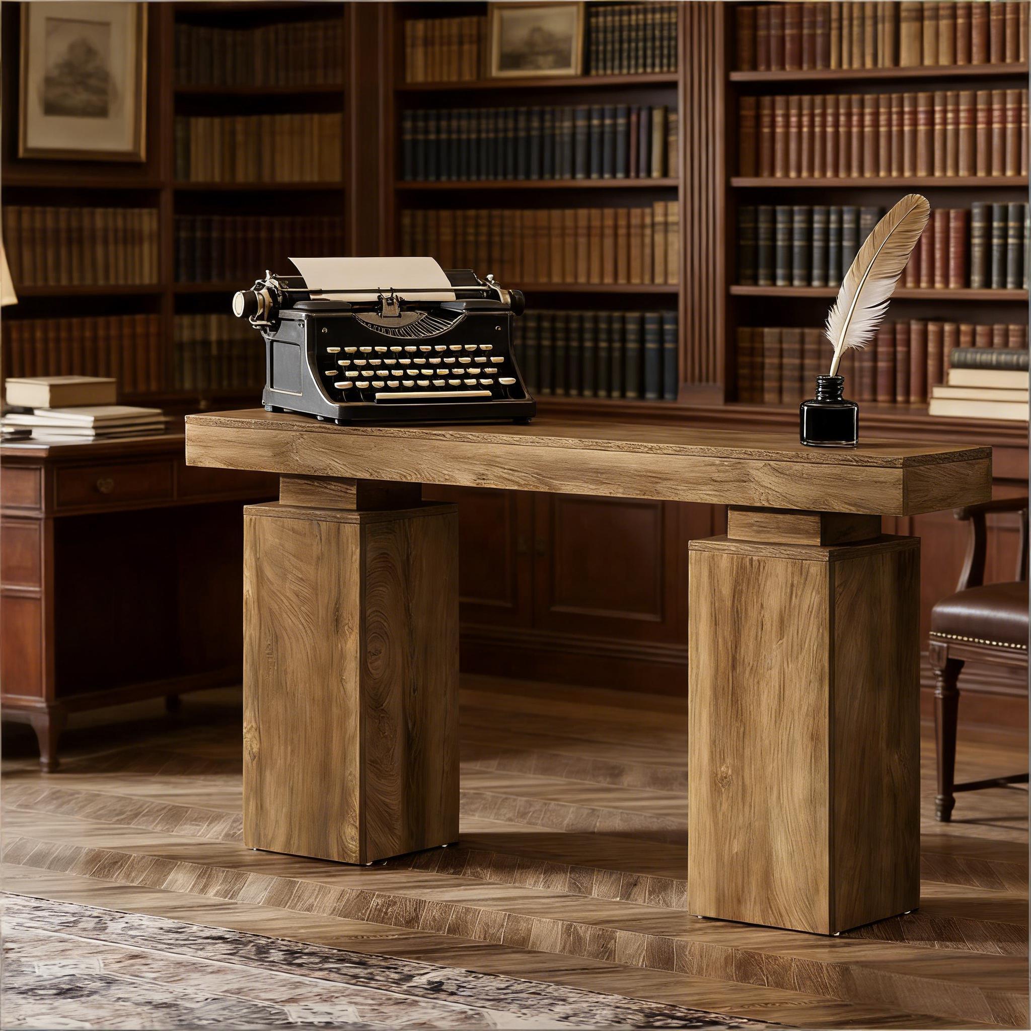 Rustic wooden console table with a thick top and two sturdy block legs in a traditional library setting.