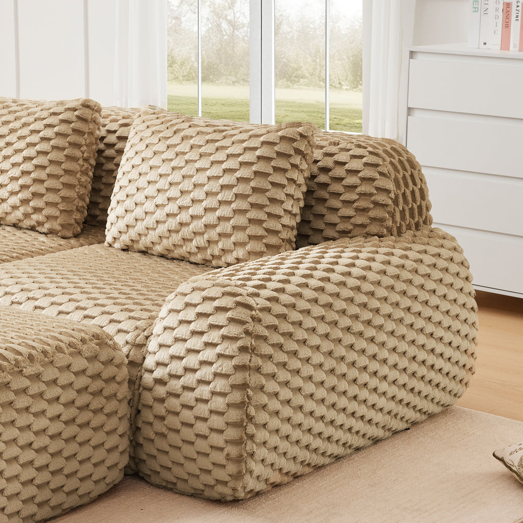 Corner view of Modern Modular Sofa - U-Shaped Sectional in a sunlit room, highlighting its cozy flannelette texture and modular design.