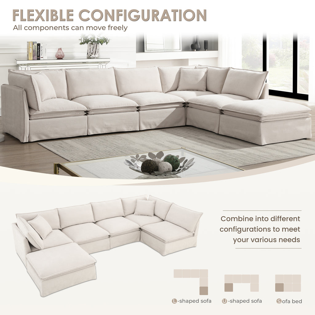 Flexible configuration options for modular sectional sofa with ottoman, including L-shape, U-shape, and sofa bed setups.