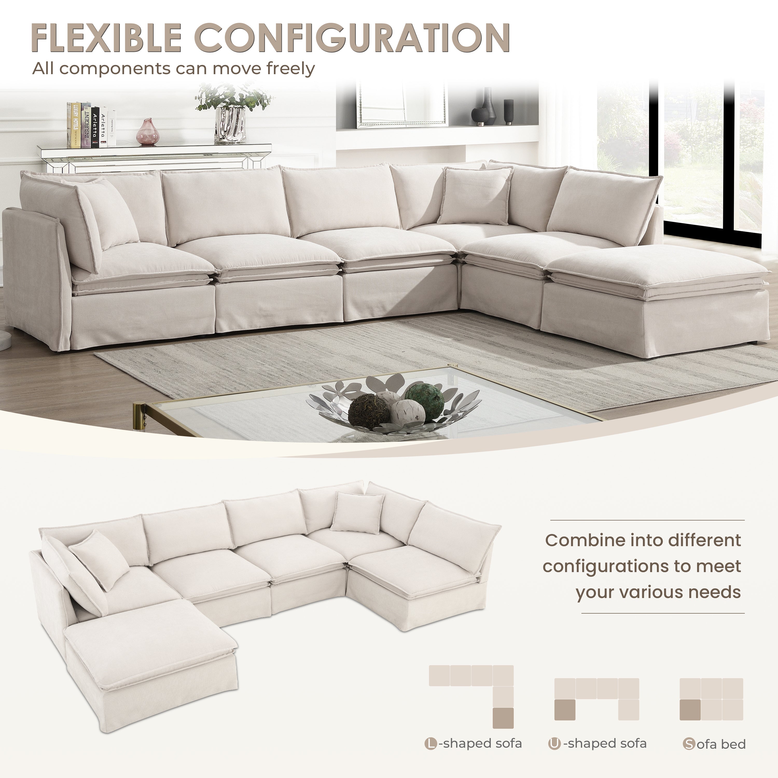 Flexible configuration options for modular sectional sofa with ottoman, including L-shape, U-shape, and sofa bed setups.