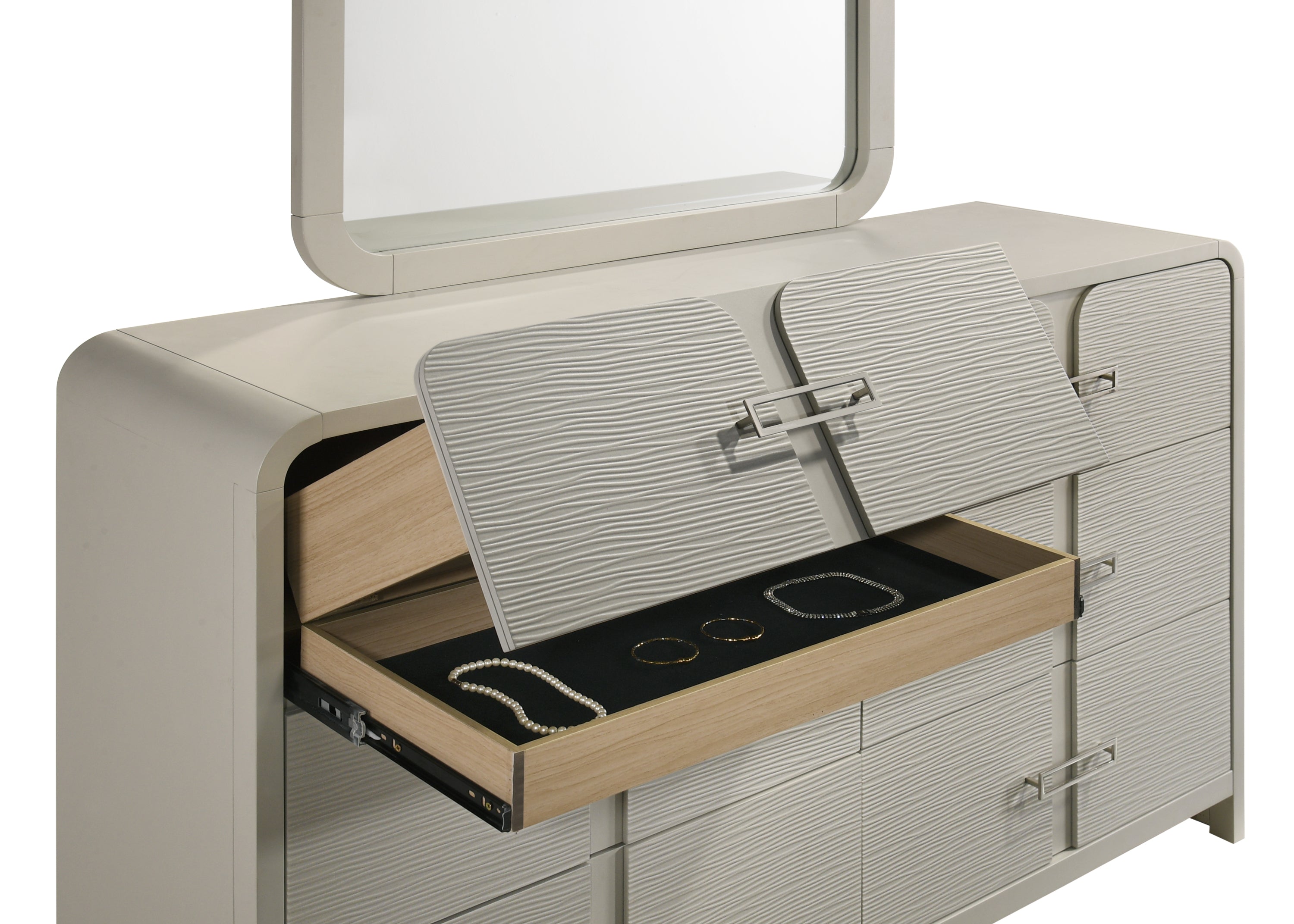 Modern 6-Drawer Dresser with hidden jewelry drawer lined in velvet, showcasing organized storage for accessories and valuables.