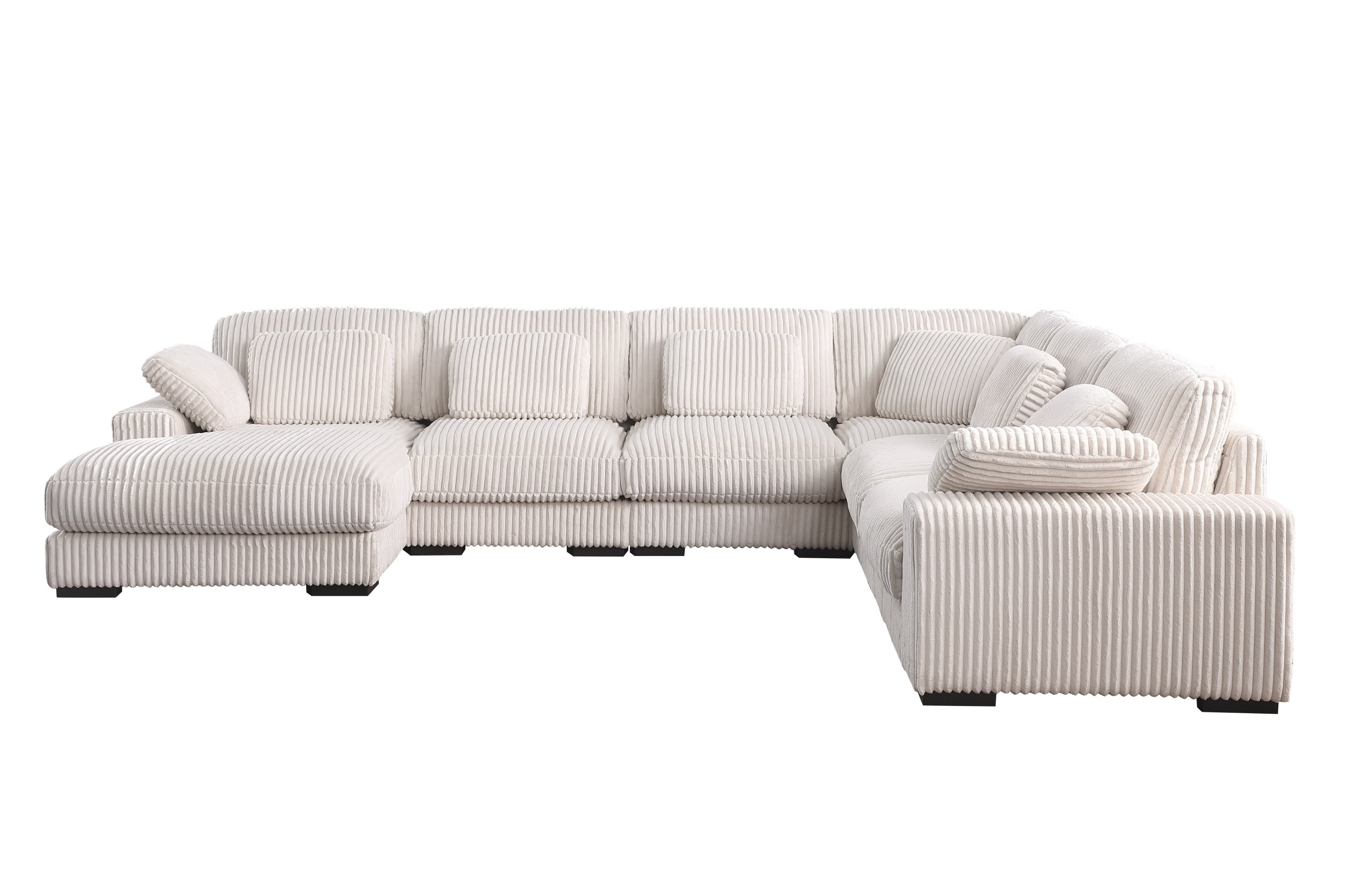 Straight-on view of Beige Corduroy Corner Sofa with Left Chaise, featuring deep seating and modular sections for flexibility.