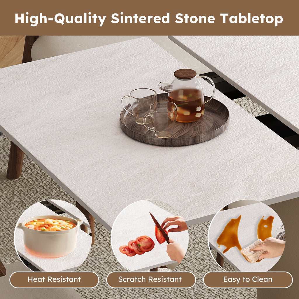 High-quality sintered stone tabletop of expandable dining table, featuring heat resistance, scratch resistance, and easy-to-clean surface.