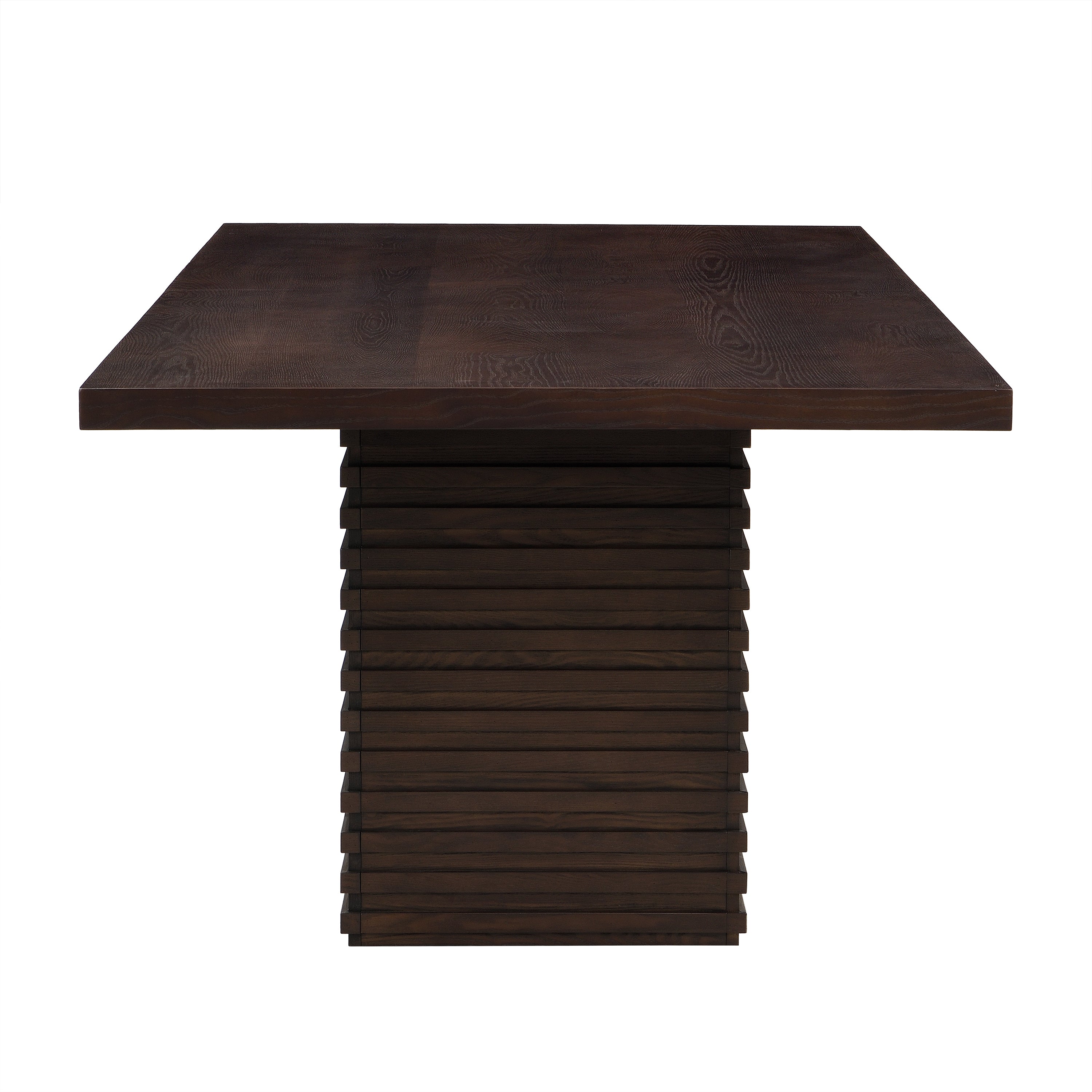 Side profile of 84-inch espresso dining table with thick tabletop and stacked wood pedestal, offering a sleek and stable dining solution.