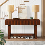 52 inch Sofa Table with Storage Drawers, Mid Century Farmhouse Fluted Console Table with Solid Wood Legs. Entryway Table for Living Room TV, Hallway Entrance Foyer, Cherry