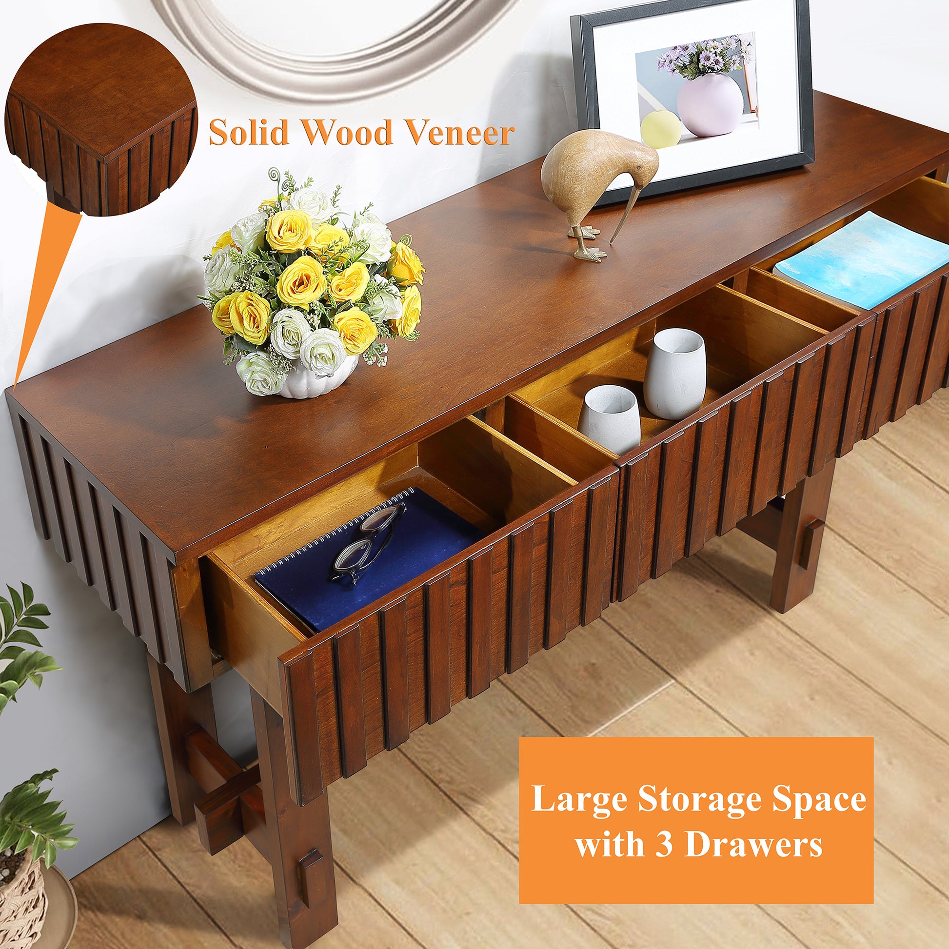 52 inch Sofa Table with Storage Drawers, Mid Century Farmhouse Fluted Console Table with Solid Wood Legs. Entryway Table for Living Room TV, Hallway Entrance Foyer, Cherry