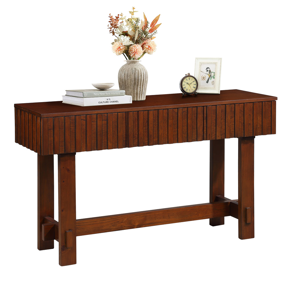 52 inch Sofa Table with Storage Drawers, Mid Century Farmhouse Fluted Console Table with Solid Wood Legs. Entryway Table for Living Room TV, Hallway Entrance Foyer, Cherry