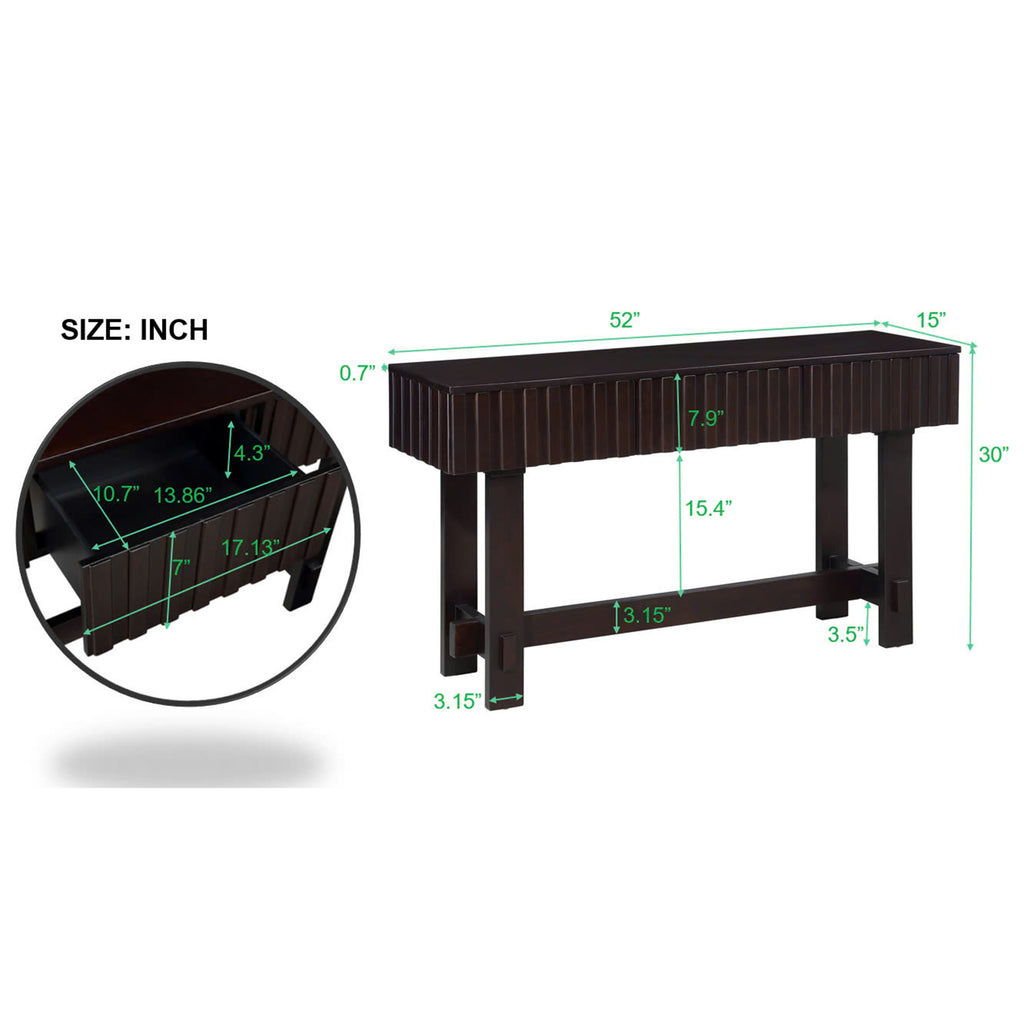 52 inch Sofa Table with Storage Drawers, Mid Century Farmhouse Fluted Console Table with Solid Wood Legs. Entryway Table for Living Room TV, Hallway Entrance Foyer, Espresso