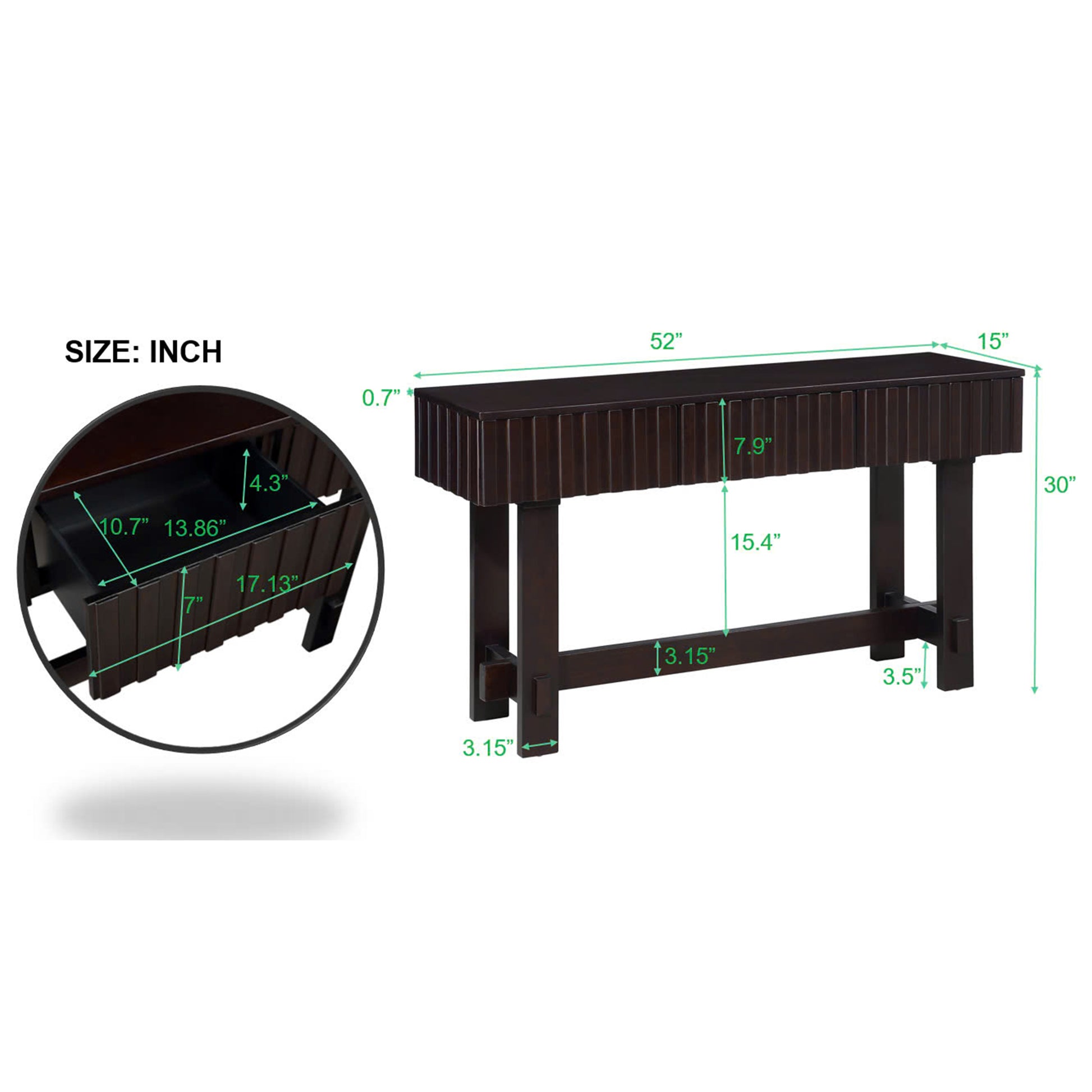 52 inch Sofa Table with Storage Drawers, Mid Century Farmhouse Fluted Console Table with Solid Wood Legs. Entryway Table for Living Room TV, Hallway Entrance Foyer, Espresso