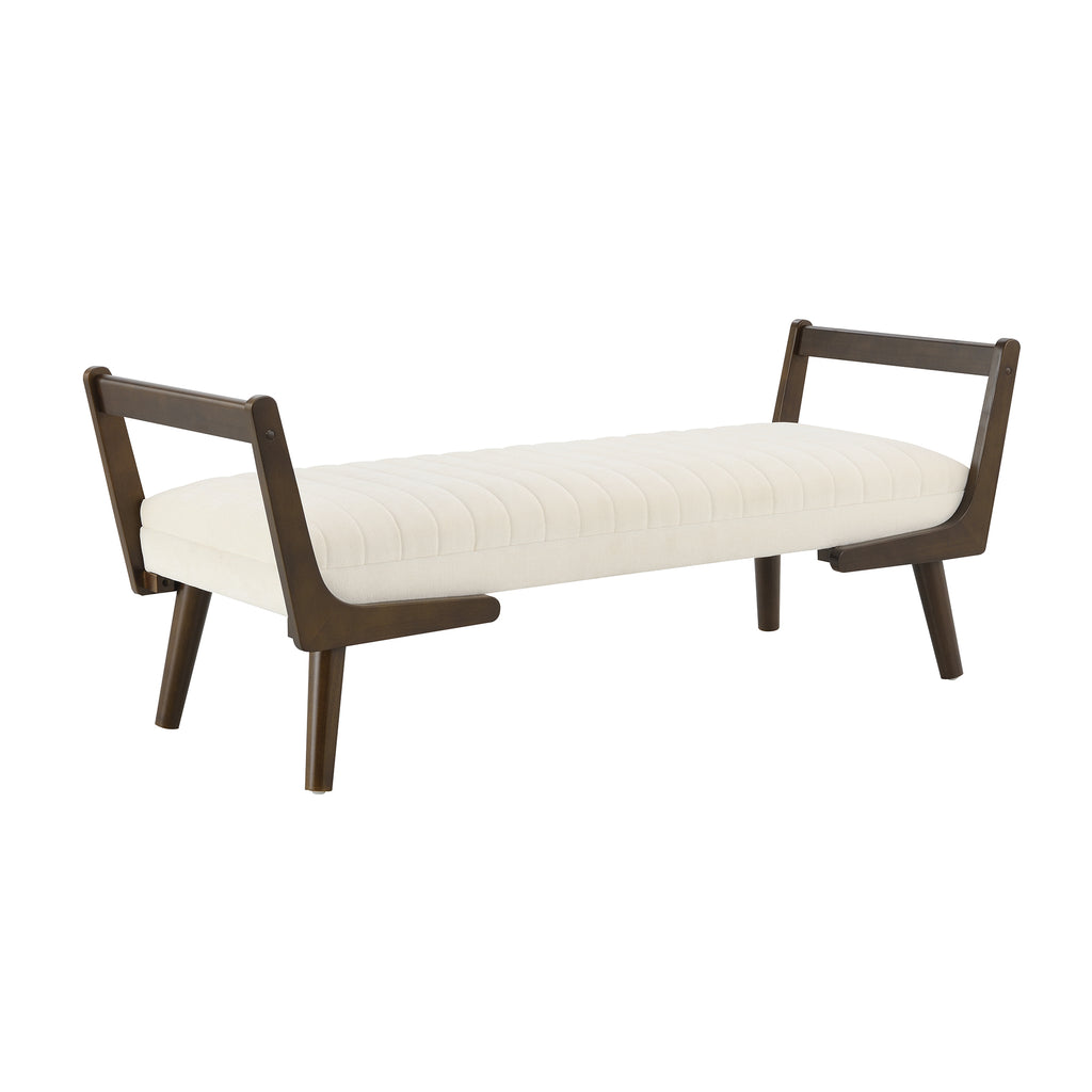 52' Mid Century Bench with Walnut Wood Leg,Channeled Upholstered Footrest Stool for Kitchen, Living Room, Bedroom, Entryway, End of Bed. Chenille Fabric Beige Bench