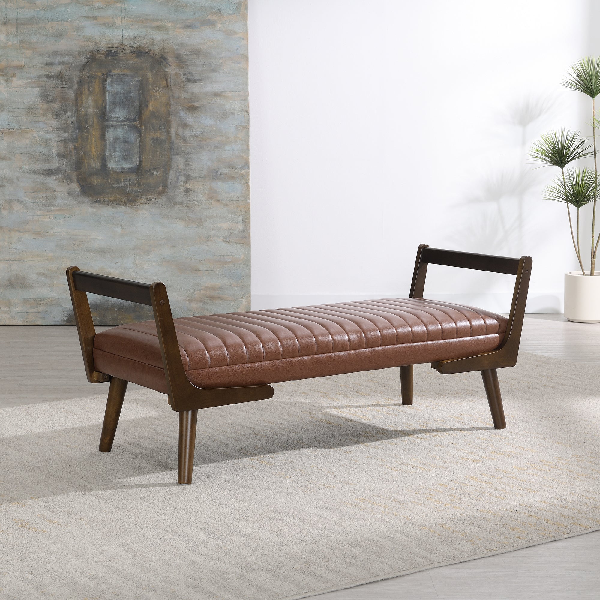 52 Inch Mid-Century Walnut Bench in Cognac Upholstery