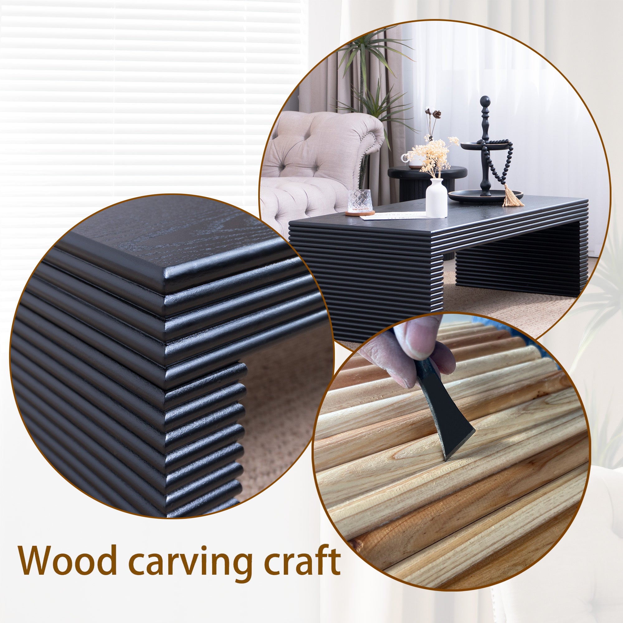 Wood carving craft process for the black ribbed coffee table, illustrating the detailed handmade texture and design.