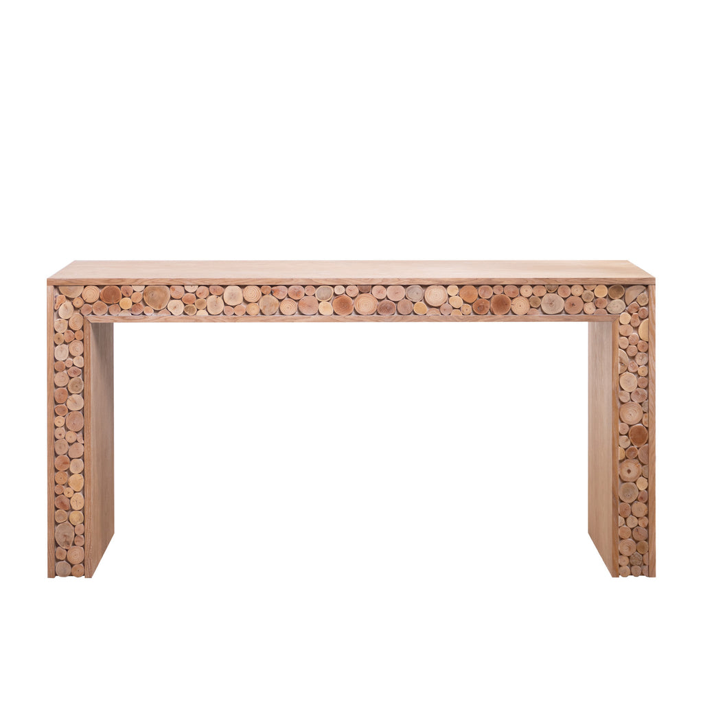 Front view of rustic wood console table featuring natural log accents, showcasing its clean lines and handcrafted charm.