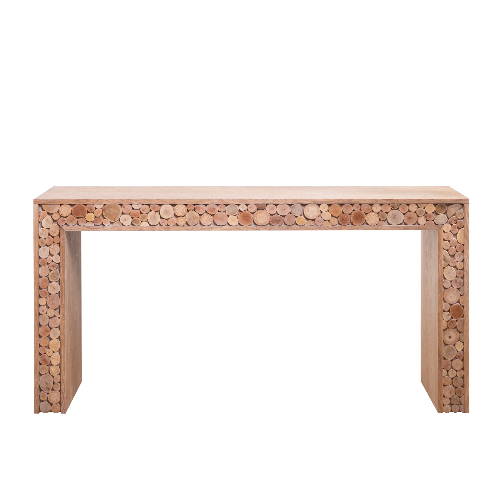 Front view of rustic wood console table featuring natural log accents, showcasing its clean lines and handcrafted charm.