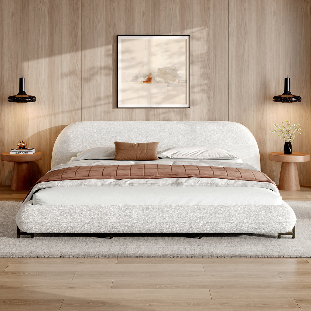 California King White Boucle Upholstered Platform Bed with Curved Design