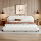 California King White Boucle Upholstered Platform Bed with Curved Design