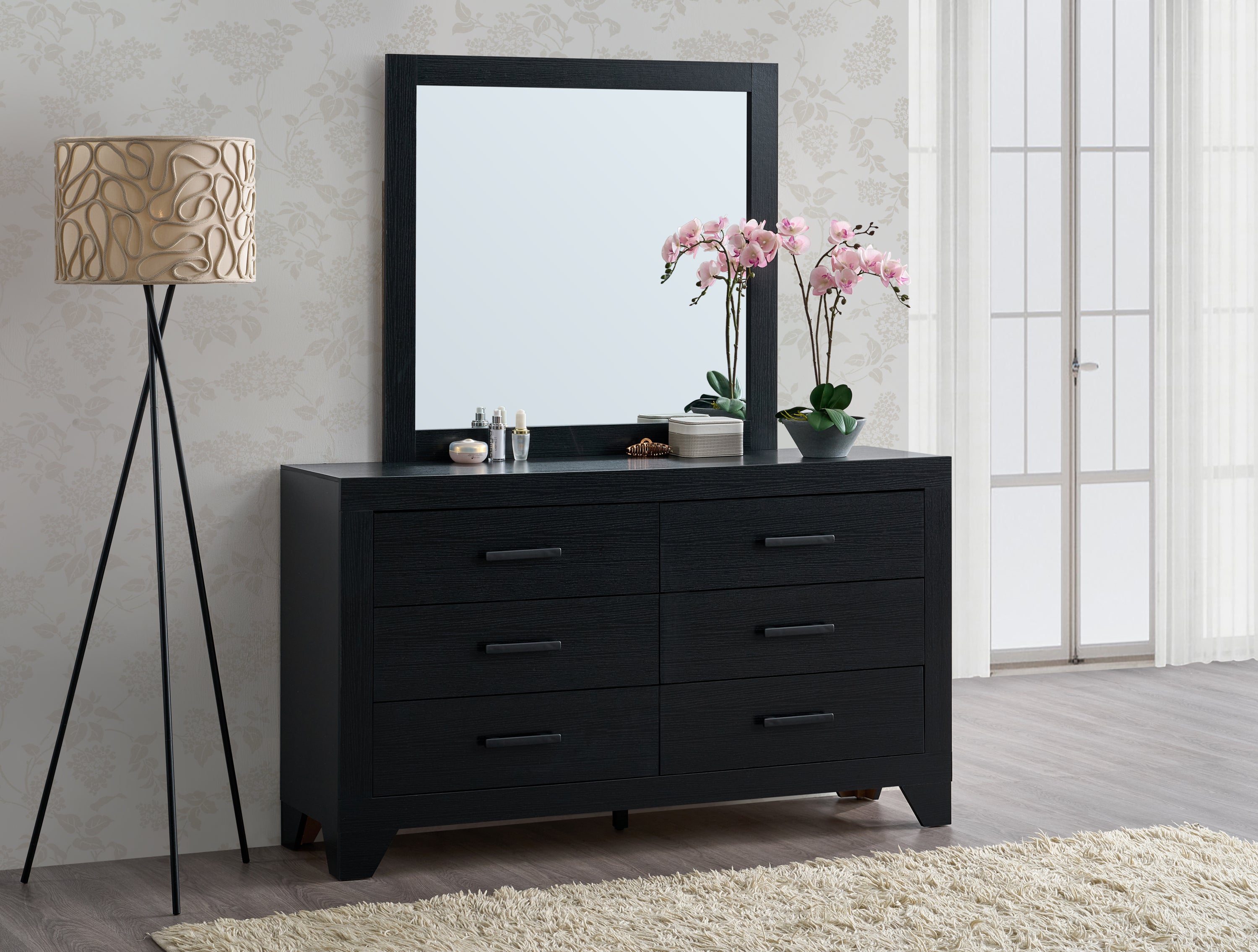 Plano 58-Inch 6-Drawer Black Wood Dresser with Modern Metal Handles