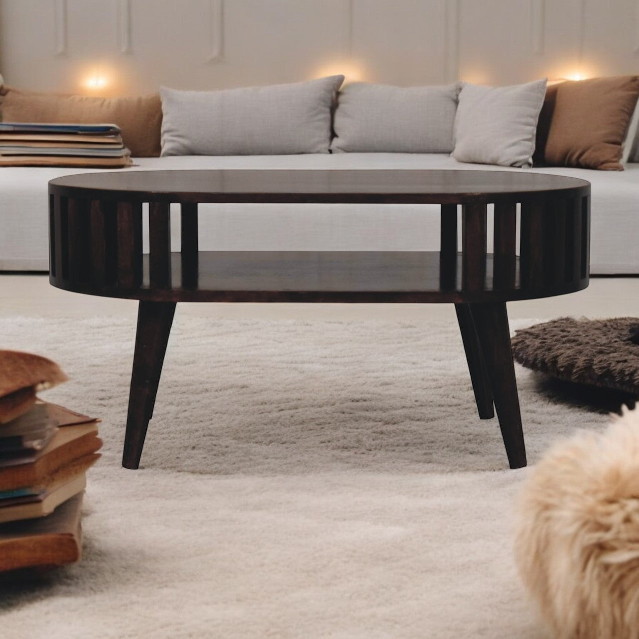 Solid Wood Ariella California Walnut Coffee Table, Open Storage, Nordic Legs, Dark Brown