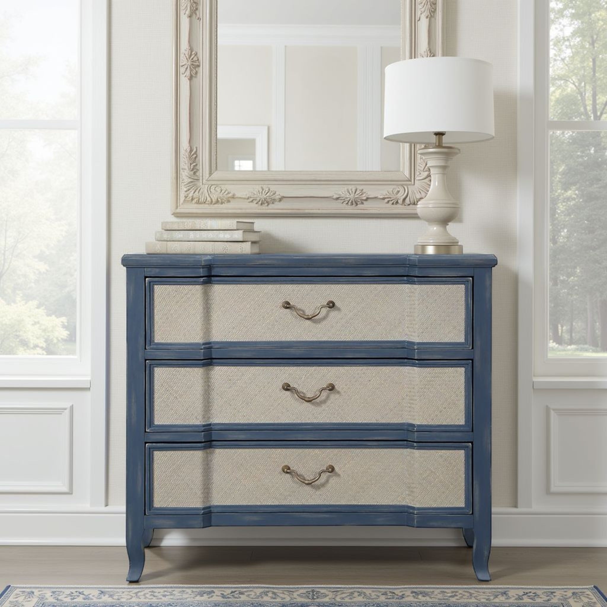 Three-drawer bachelor chest in serene ocean blue with textured beige drawer fronts and antique brass pull handles.