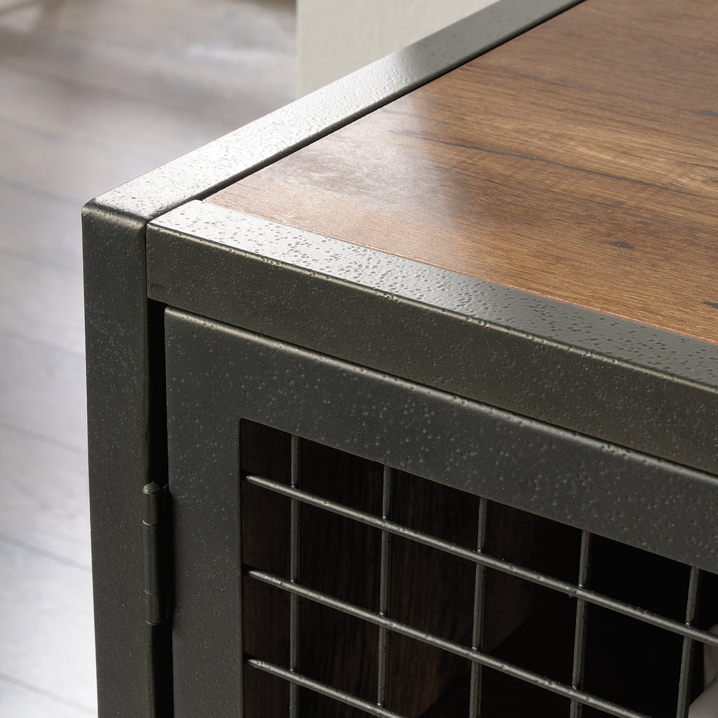 Corner detail of Industrial Brown TV Credenza showing textured metal frame and wood grain top for a rugged industrial look.
