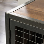 Corner detail of Industrial Brown TV Credenza showing textured metal frame and wood grain top for a rugged industrial look.