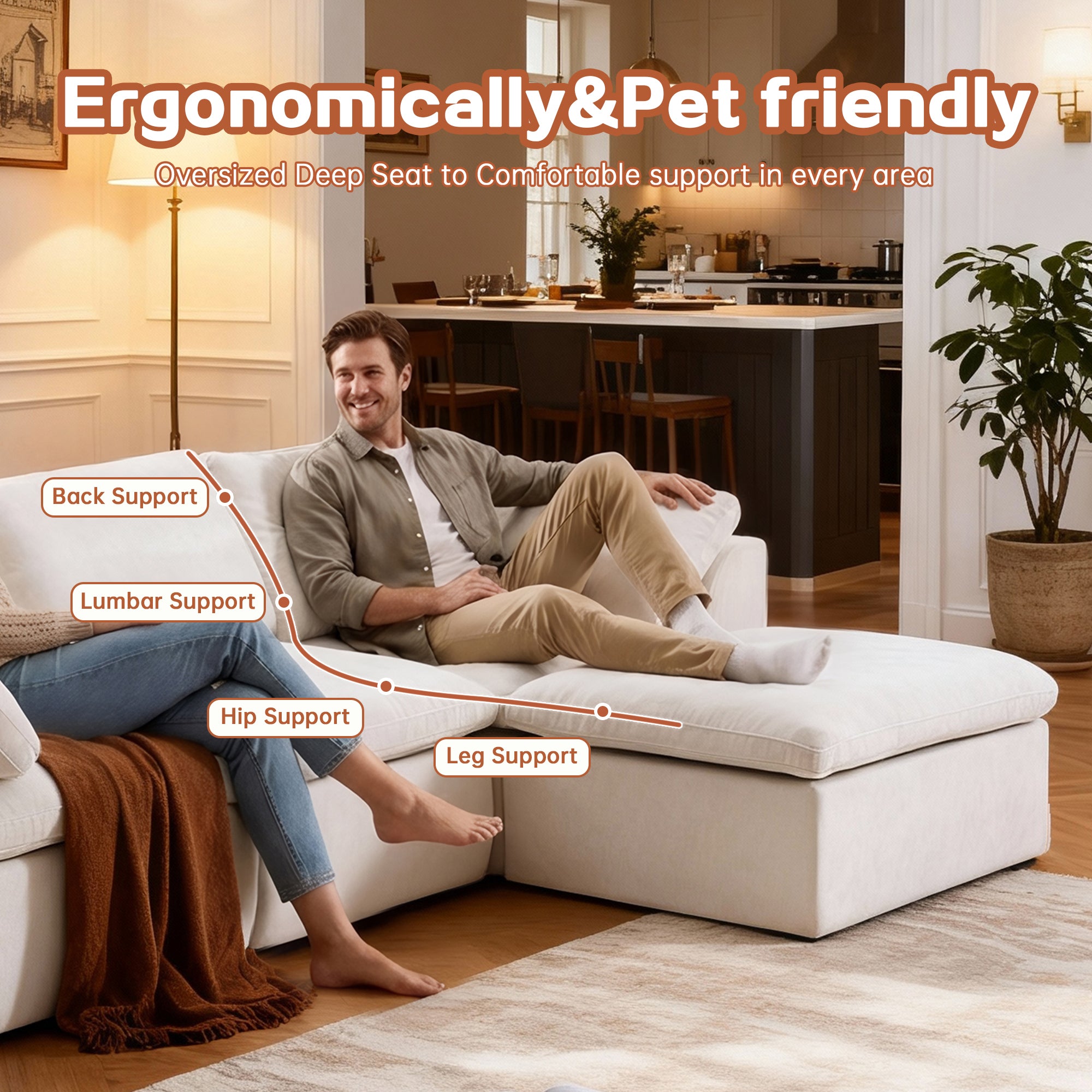 Ergonomic L-Shaped Sectional Sofa with labeled support zones for back, lumbar, hip, and legs, designed for comfort and pet-friendly use.