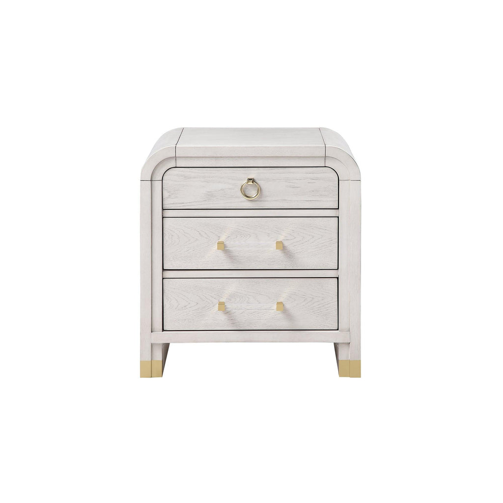 Malco Oak Nightstand with Spacious Drawer and Gold Metal Fluted Detailing in Black White Finish, Rubber Wood Construction.